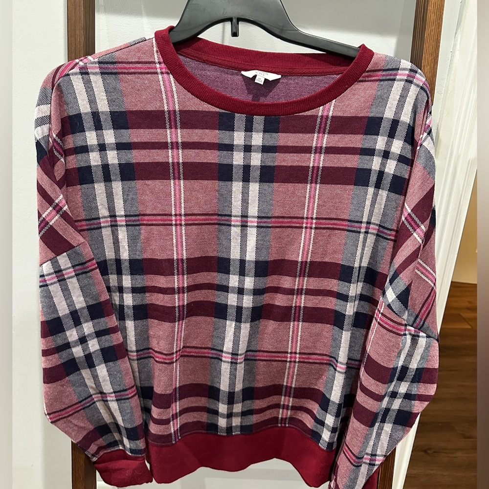 Crown & Ivy Burgundy Plaid Knit Top